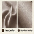 Design concept graphic showing two types of brown textured leather: 1. Strap Leather with wavy folds, and 2.
