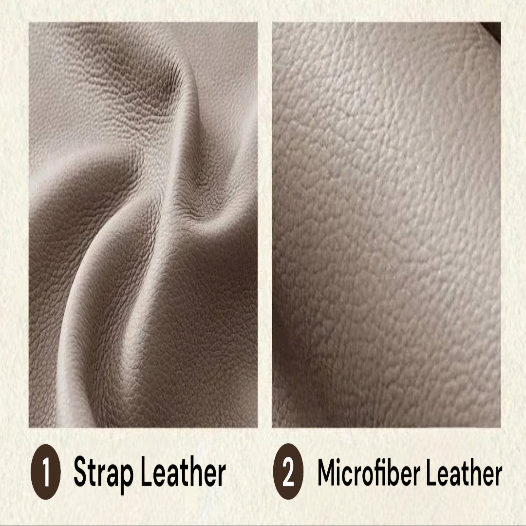 Design concept graphic showing two types of brown textured leather: 1. Strap Leather with wavy folds, and 2.