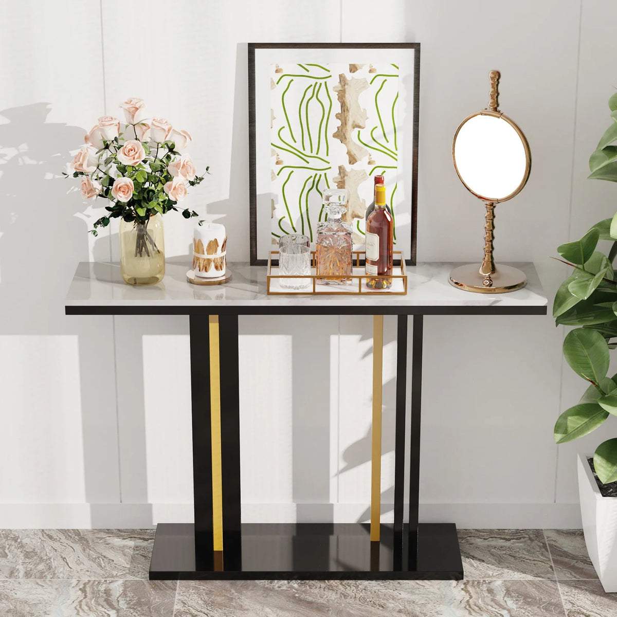 Modern console table with decorative items against a white wall