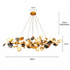 A gold-toned chandelier with leaf and branch sculptural details and multiple frosted globe lights, shown with dimension labels: 180cm width, 120cm adjustable height, and 35cm lower hanging span on a white background.