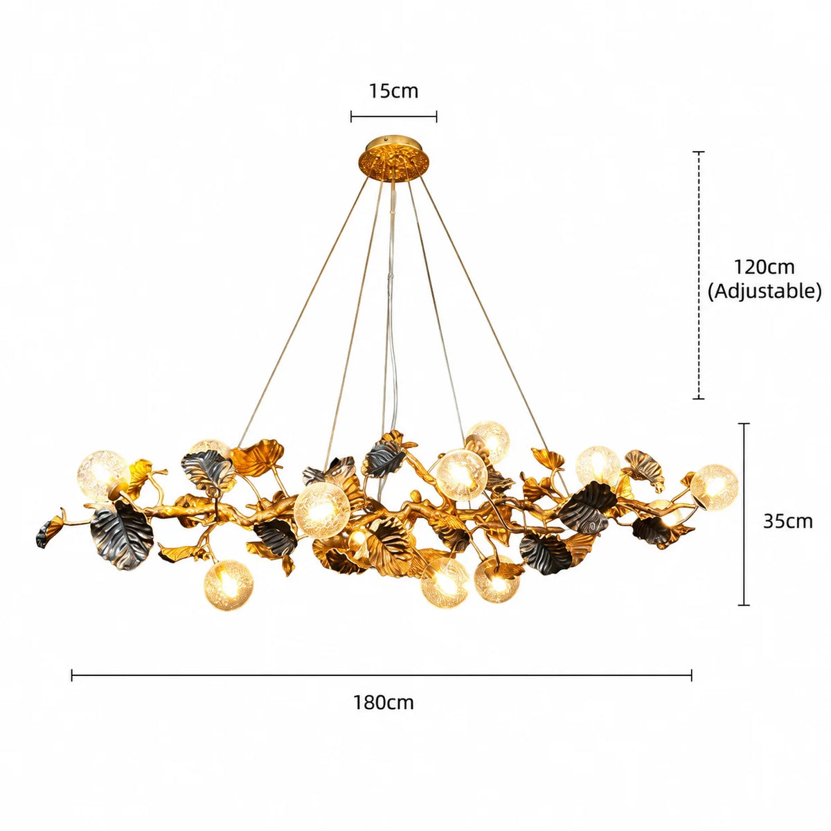 A gold-toned chandelier with leaf and branch sculptural details and multiple frosted globe lights, shown with dimension labels: 180cm width, 120cm adjustable height, and 35cm lower hanging span on a white background.