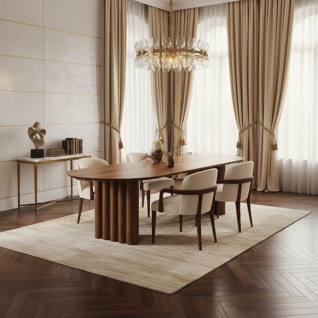 Dining room with a wooden table and chairs under a chandelier.