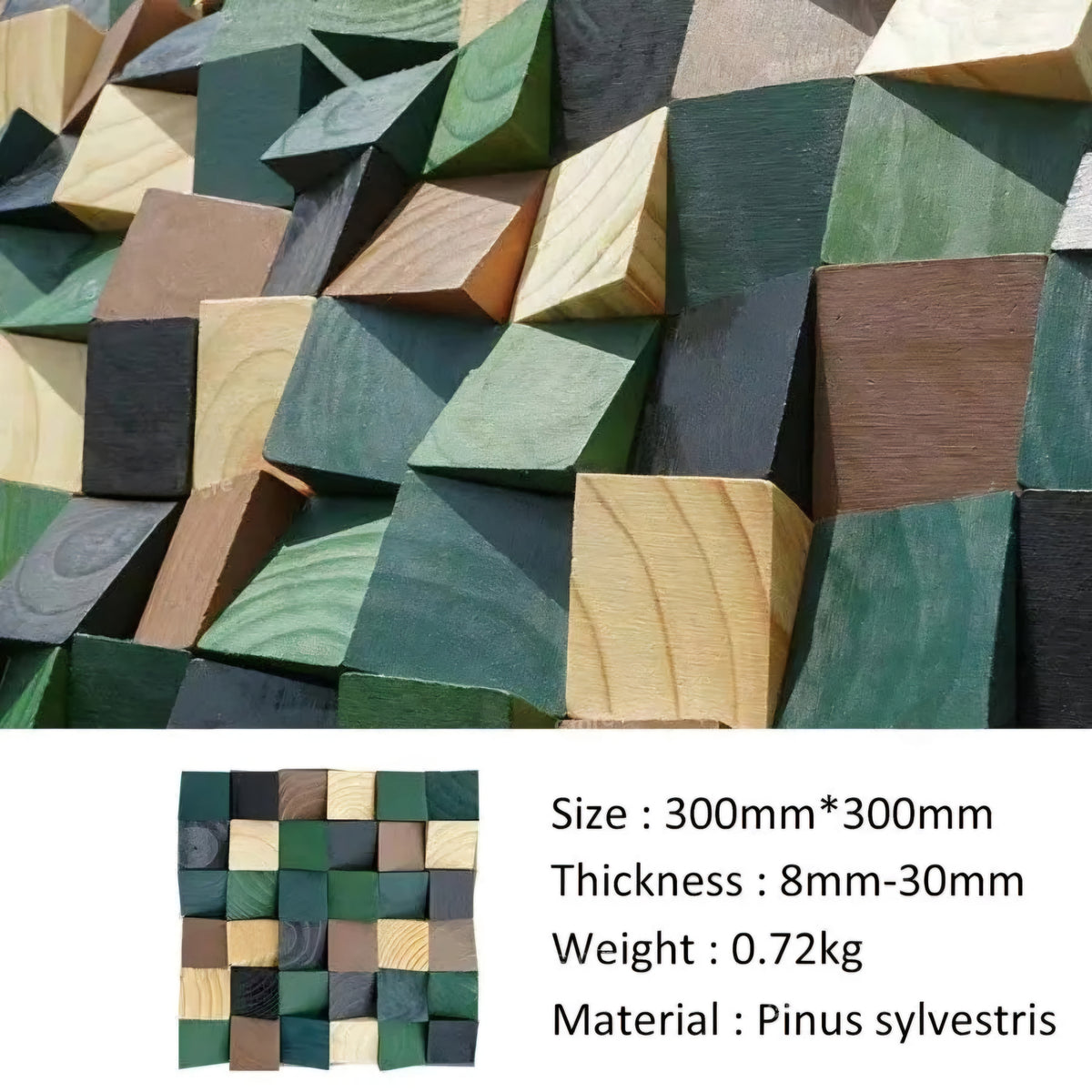 Wooden blocks in various shades of green and brown with size, thickness, weight, and material information.