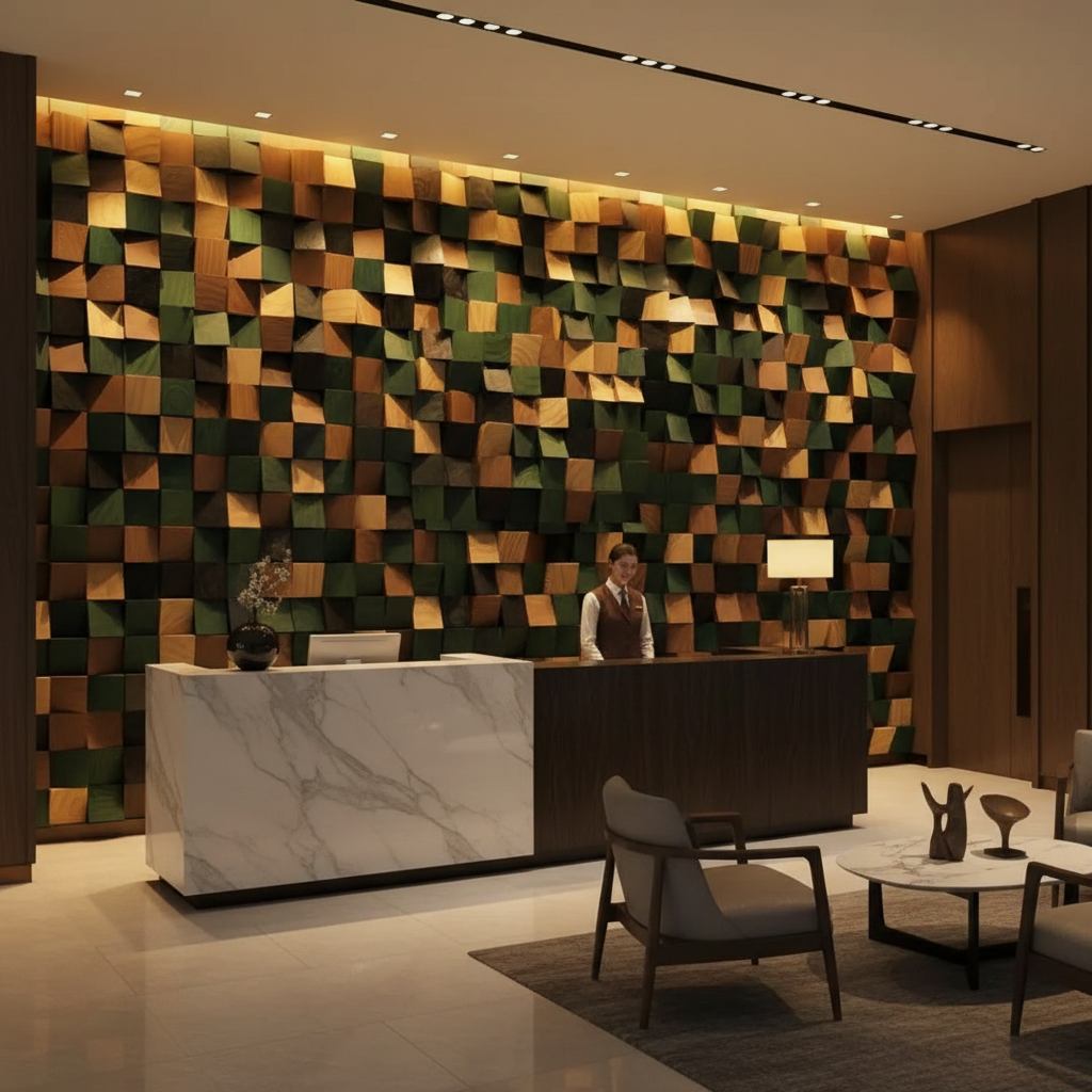 Modern interior design of a reception area with a decorative wall and marble desk.