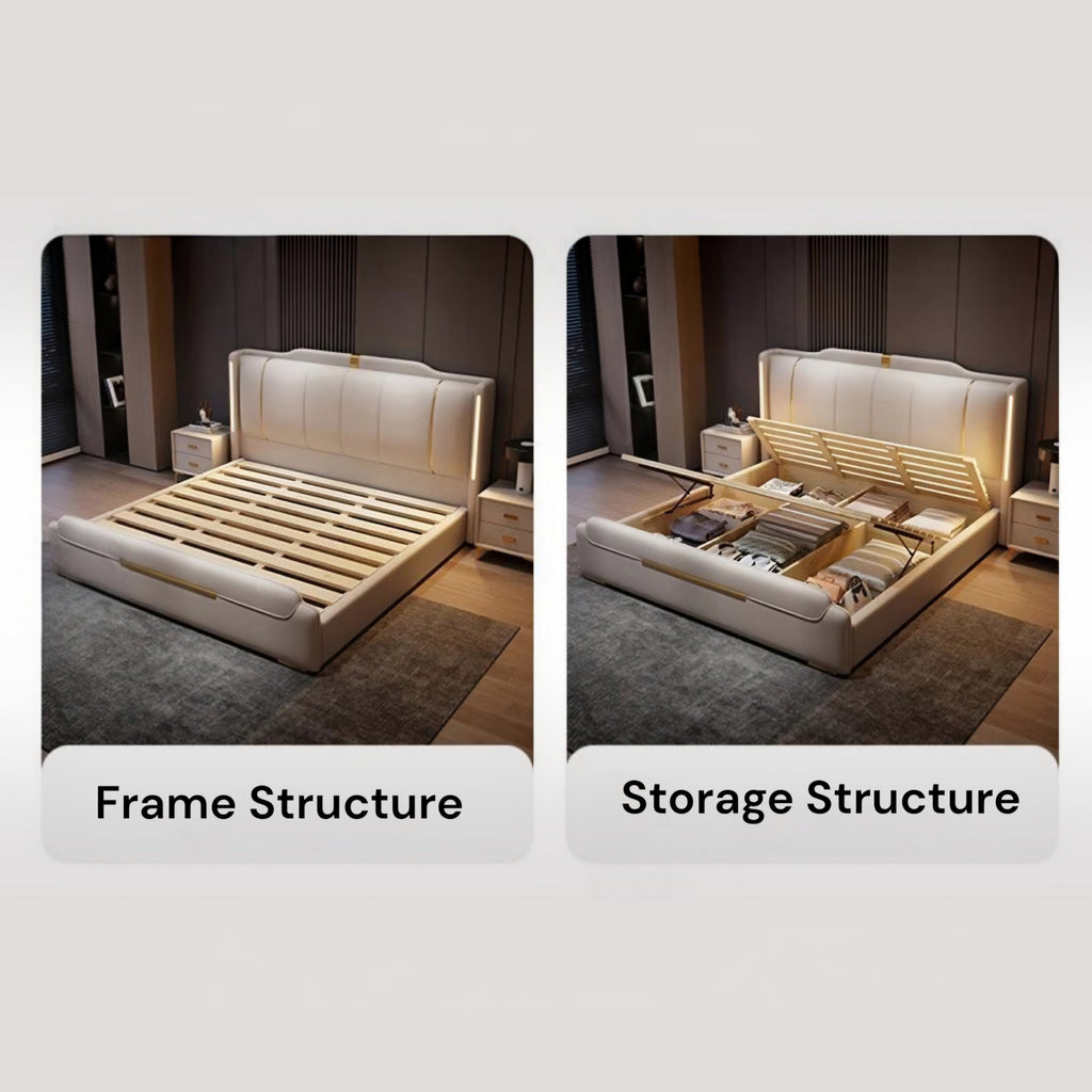 Luxury King Size Leather Storage Bed – Modern Solid Wood Frame