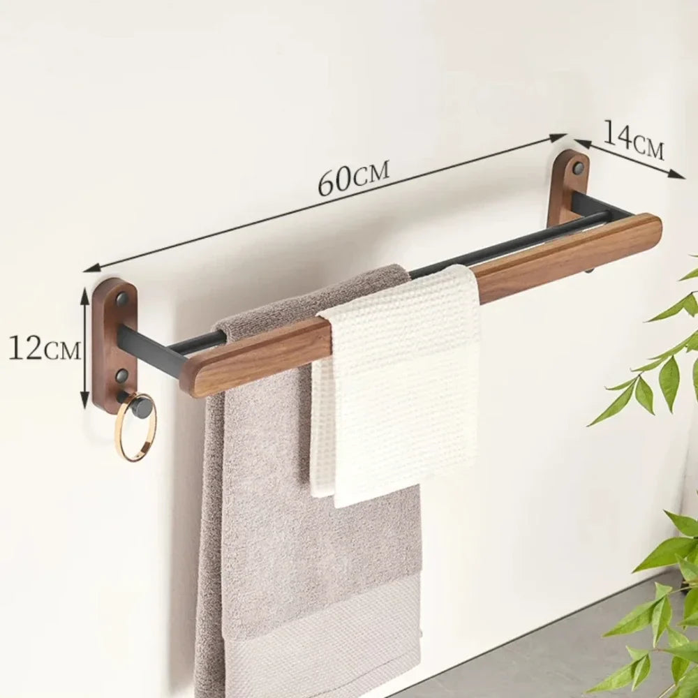 Towel rack with dimensions labeled, holding a towel against a white background.