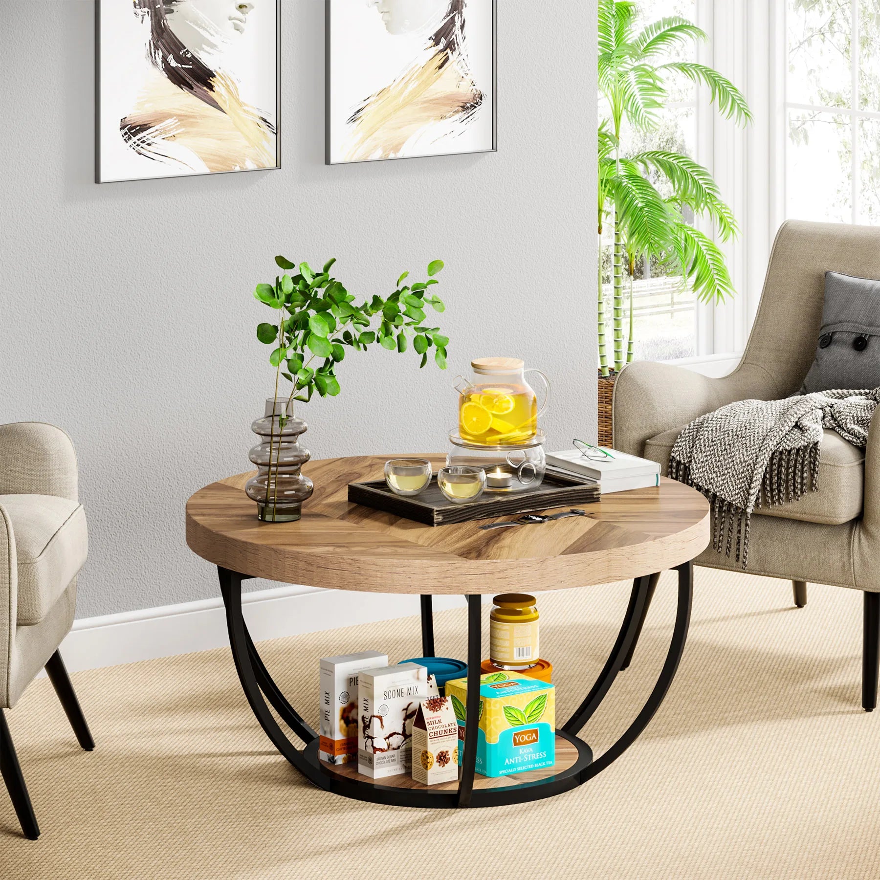 Round wooden coffee table with a shelf in a living room setting.