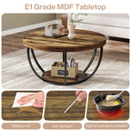 Round wooden coffee table with E1 grade MDF tabletop in a living room setting.