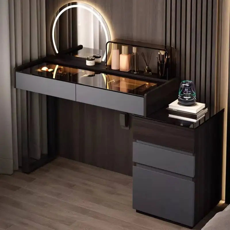 Nordic Glass Top Makeup Vanity Table – Minimalist Dressing Table with Storage Drawers