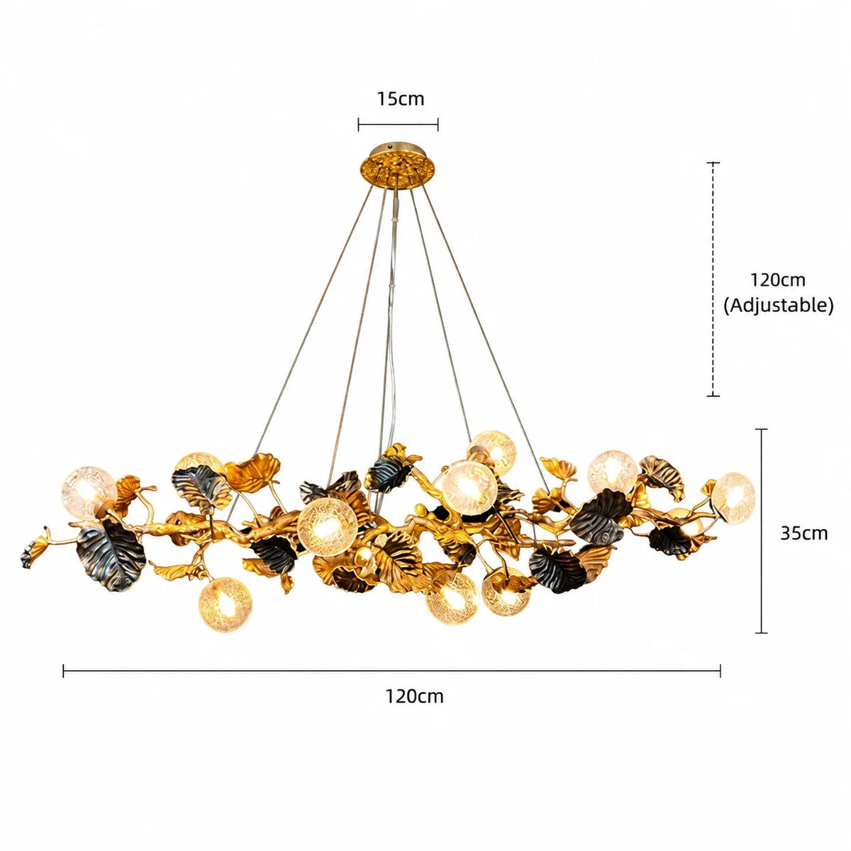 A gold and black leafy chandelier with clear glass shades, shown with dimension labels indicating a width of 120cm, height of 120cm (adjustable), and a pendant canopy height of 15cm.