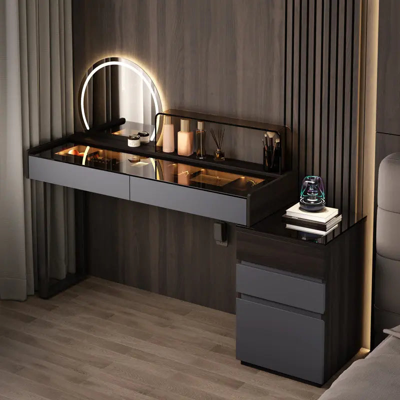 Nordic Glass Top Makeup Vanity Table – Minimalist Dressing Table with Storage Drawers