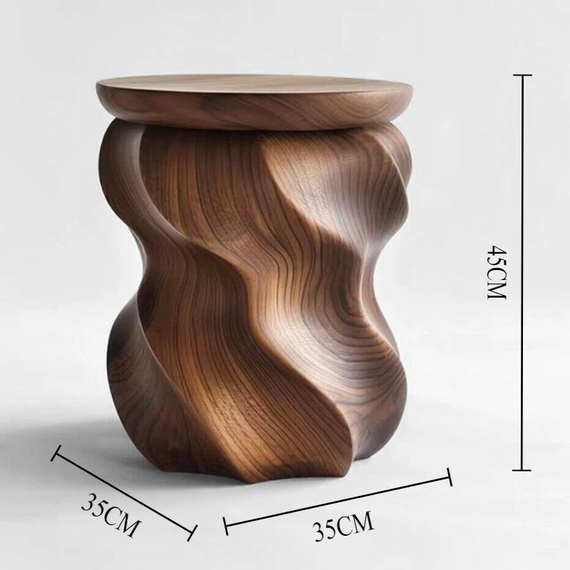 Wooden stool with wavy design and dimensions on a light gray background