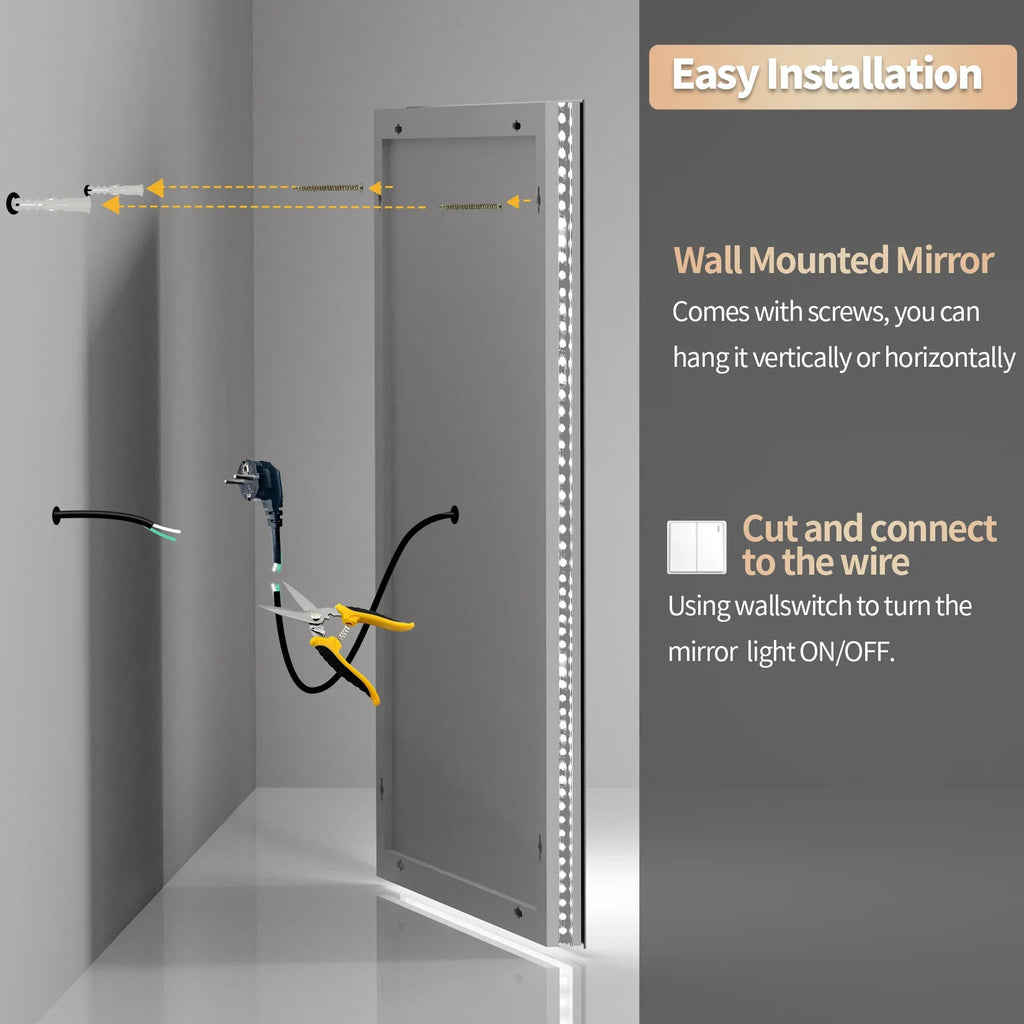 Wall-mounted mirror with installation instructions and tools on a gray background