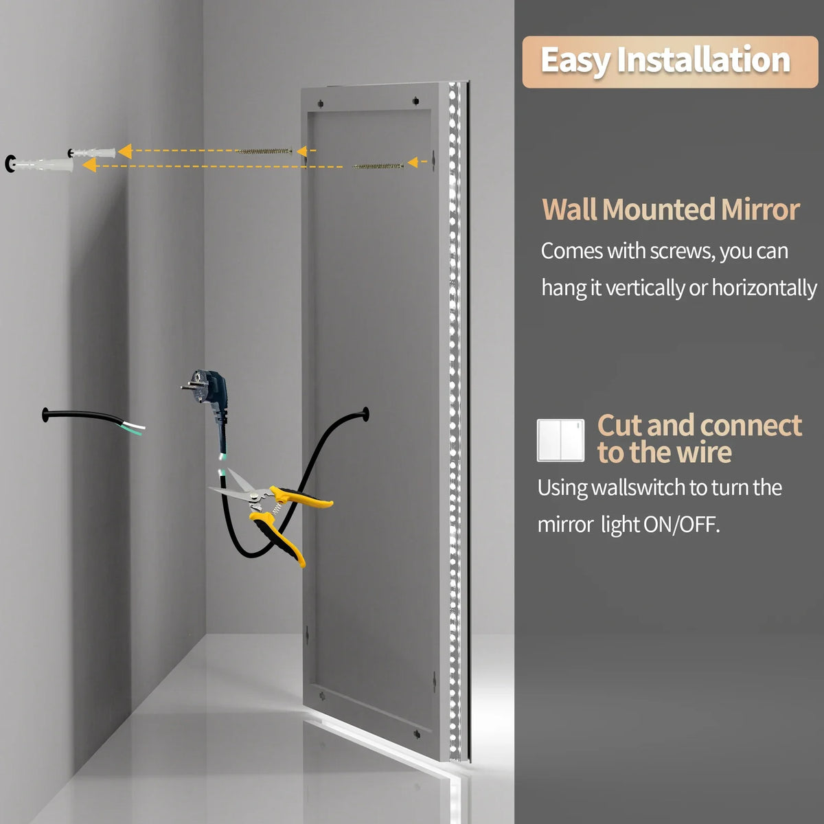 Wall-mounted mirror with installation instructions and tools on a gray background
