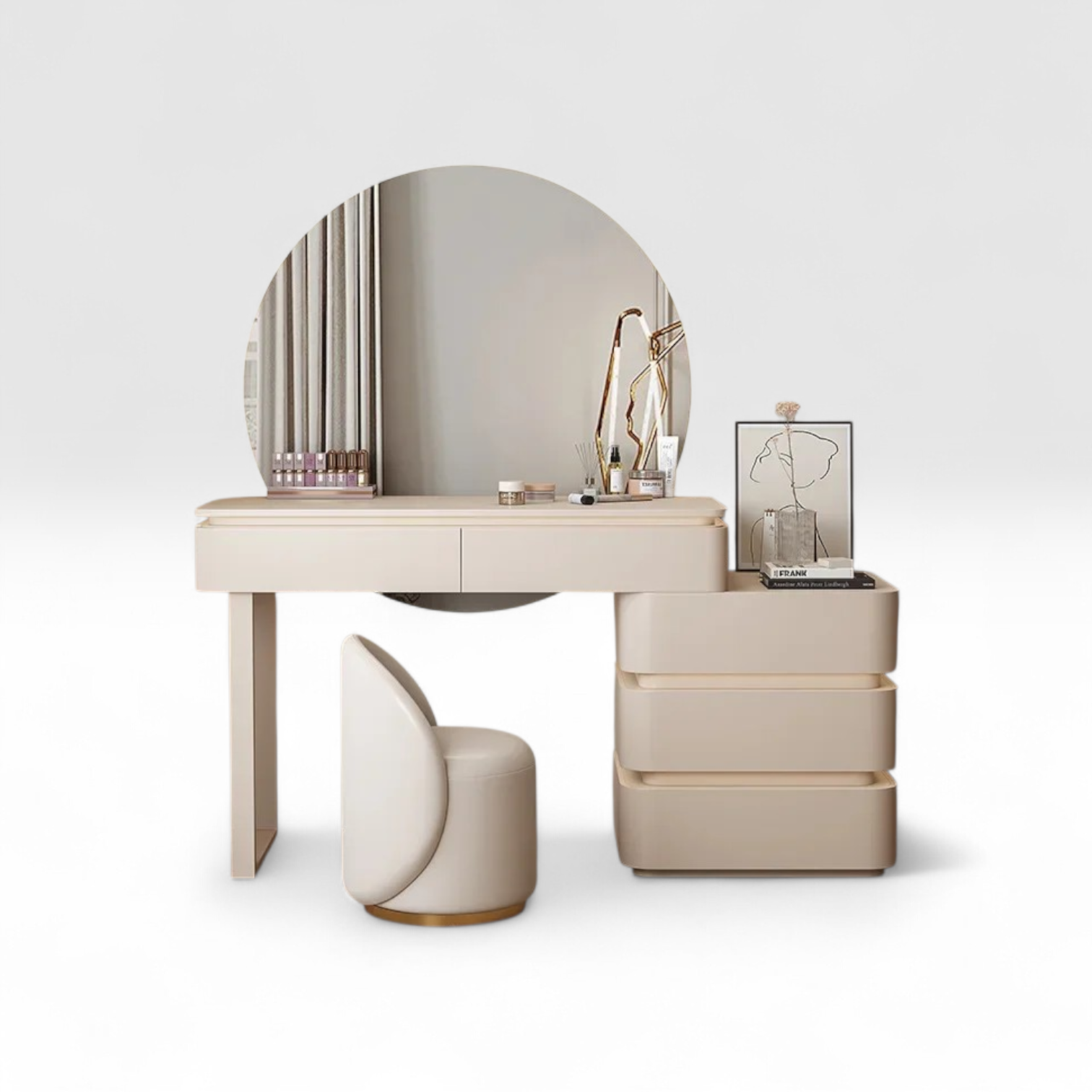Beige vanity table with round mirror and chair on a white background