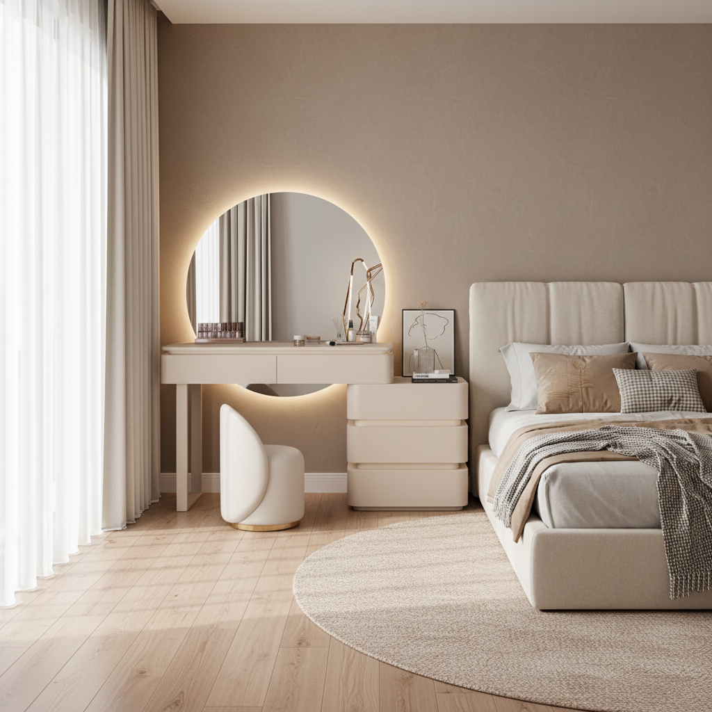 Modern bedroom with a round mirror, vanity table, and bed.
