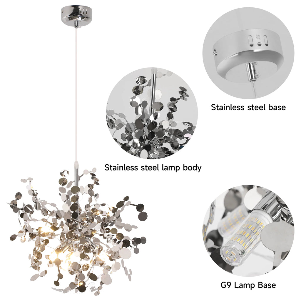 Chandelier with close-up details of stainless steel base, lamp body, and G9 lamp base on a white background.