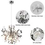 Chandelier with close-up details of stainless steel base, lamp body, and G9 lamp base on a white background.