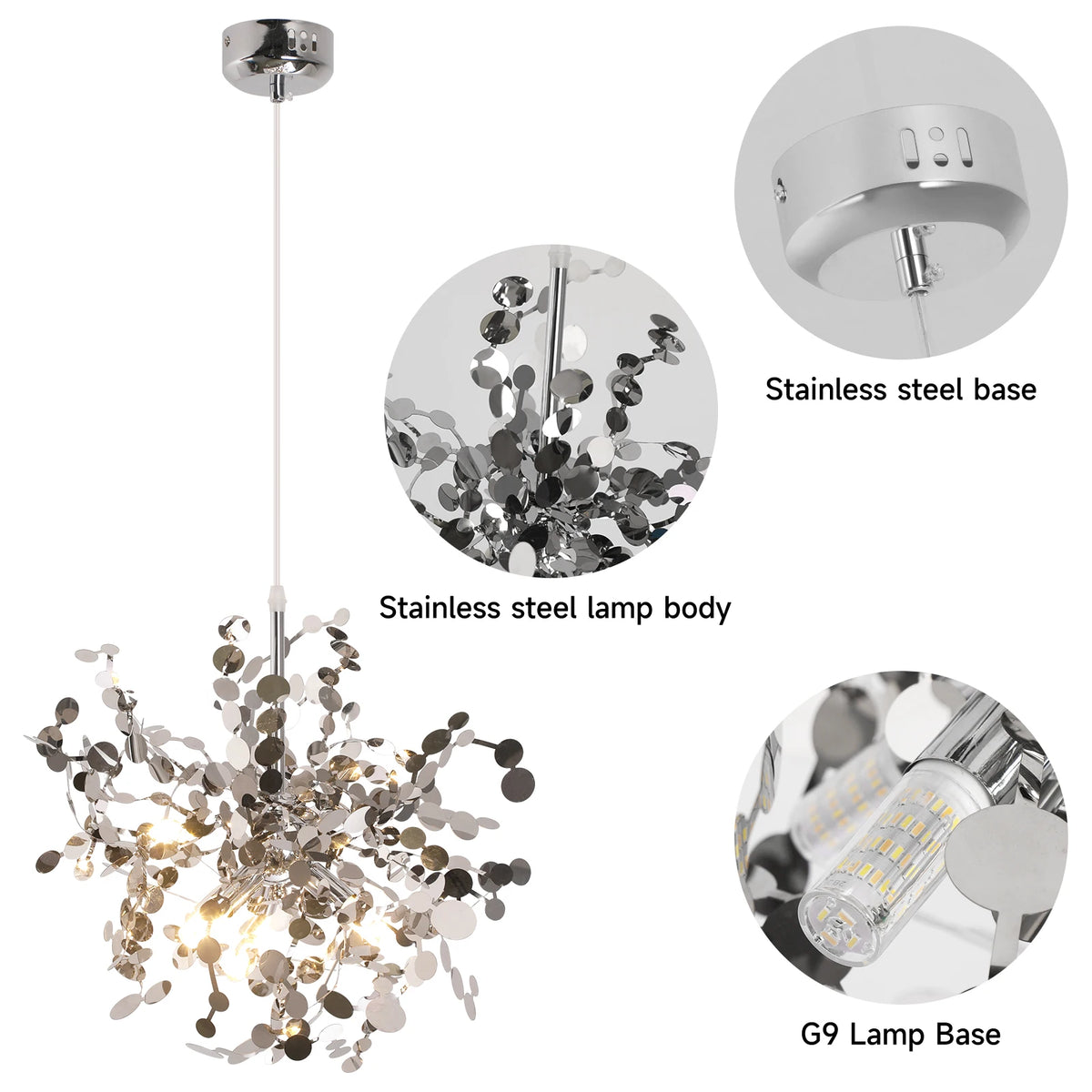 Chandelier with close-up details of stainless steel base, lamp body, and G9 lamp base on a white background.