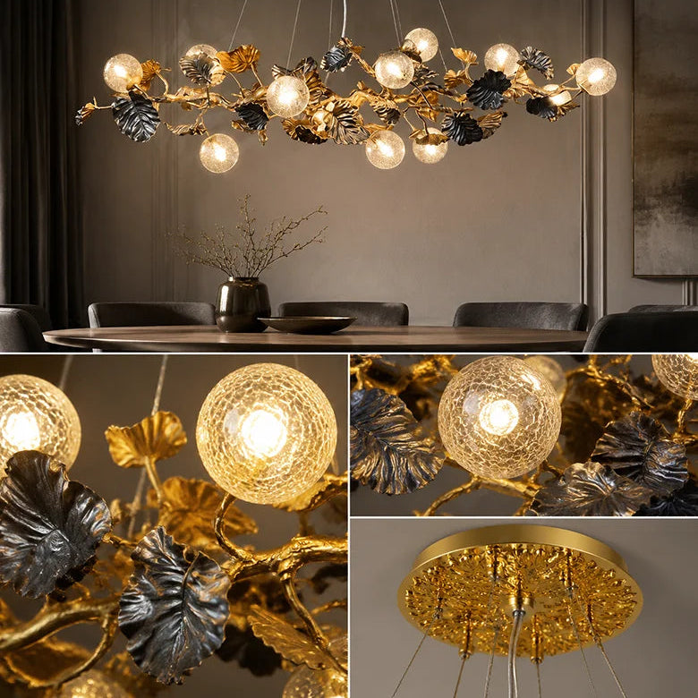 A decorative branch-shaped chandelier with glowing glass globe bulbs and metallic gold and dark leaf-like accents, shown installed in a dining room with a table and chairs, plus three close-up detail panels.
