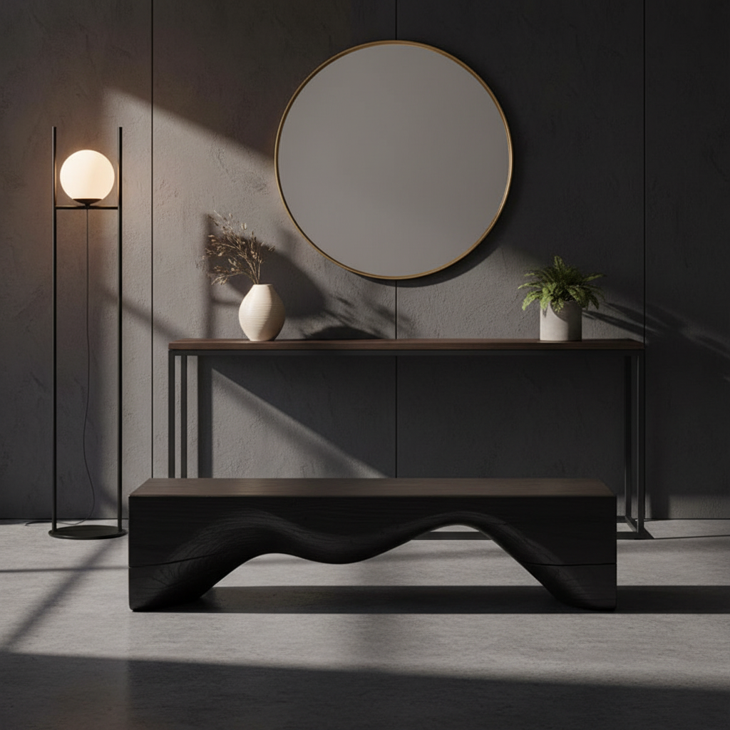 Modern interior with a dark wooden bench, round mirror, and floor lamp.