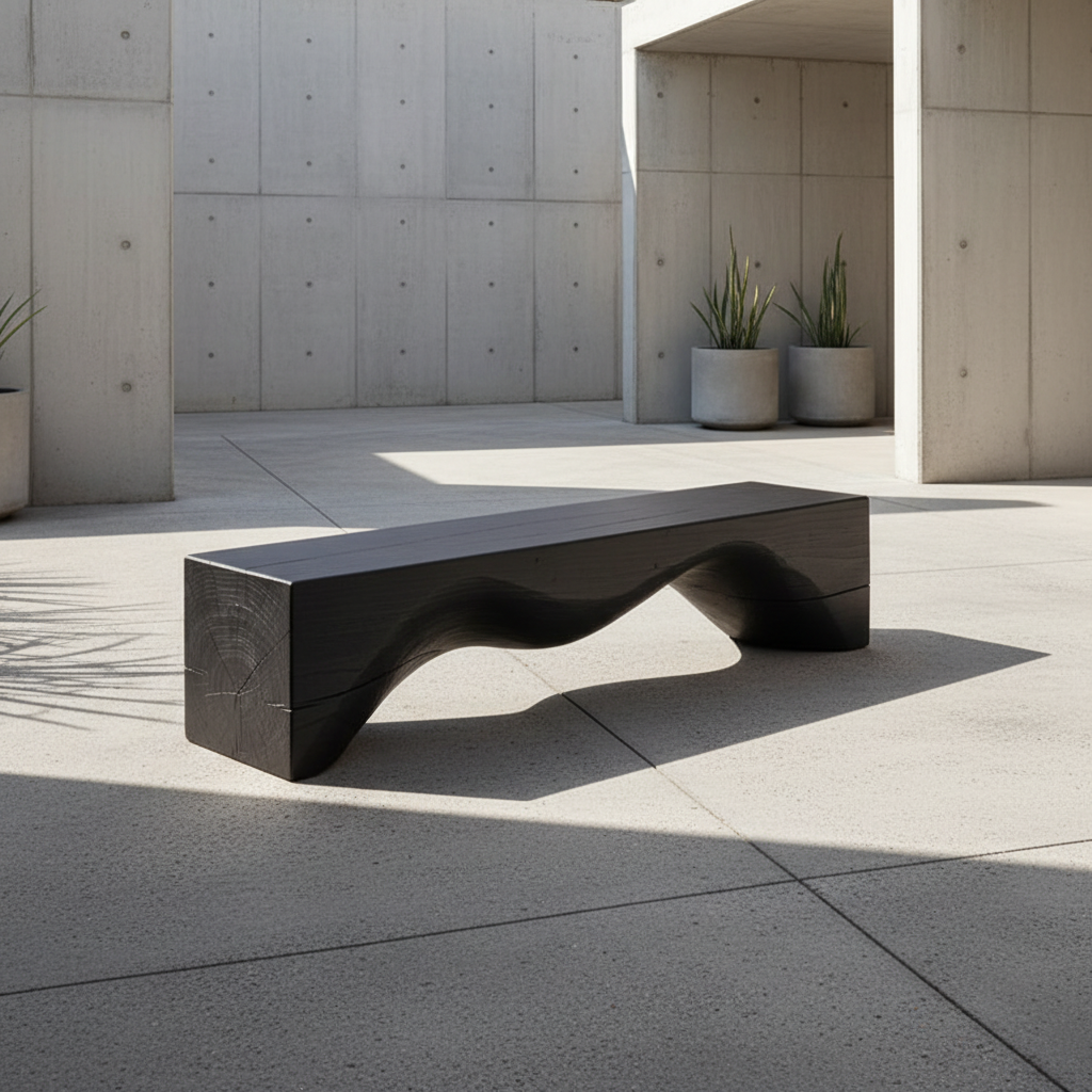 Modern black bench in a concrete outdoor setting with potted plants.