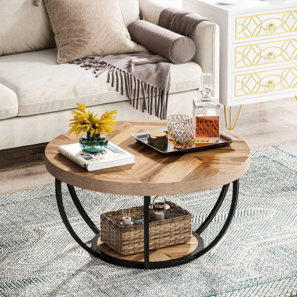 Wooden coffee table with decorative items in a living room setting