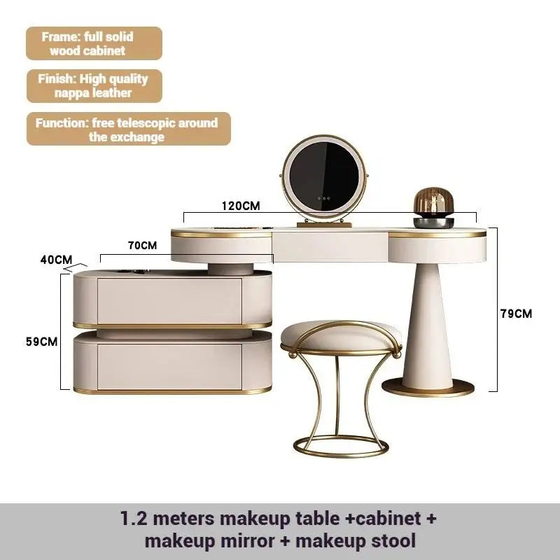 Makeup table with cabinet, mirror, and stool, featuring dimensions and material details.