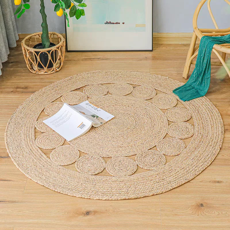 Woven Rugs Carpets for Living Room Bedroom Decor Pure Plants Round Carpets Home Decoration Floor Mats Retro Hollow Design