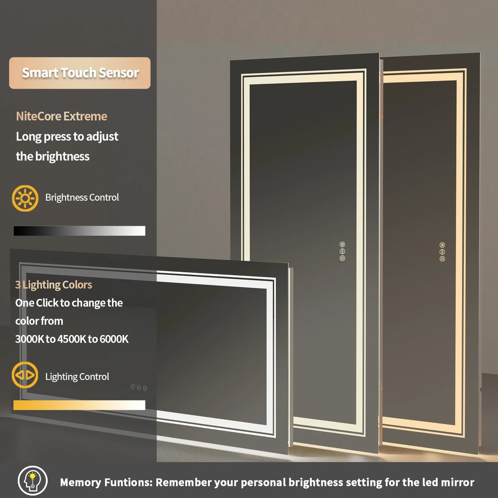 Smart LED mirror with touch sensor and lighting control features on a dark background