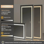 Smart LED mirror with touch sensor and lighting control features on a dark background