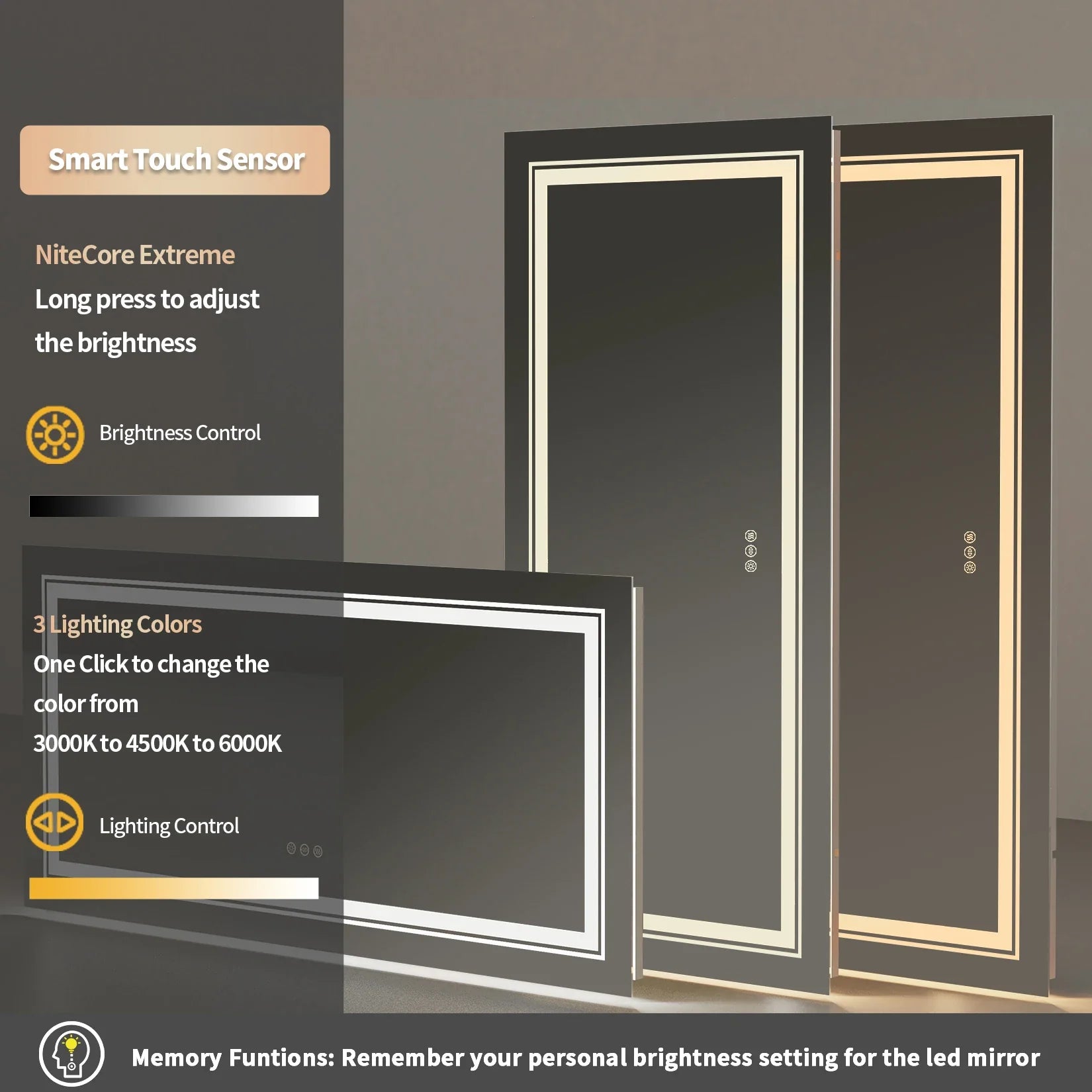 Smart LED mirror with touch sensor and lighting control features on a dark background