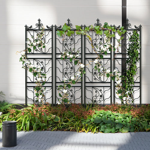 Decorative metal trellis with climbing plants against a white wall