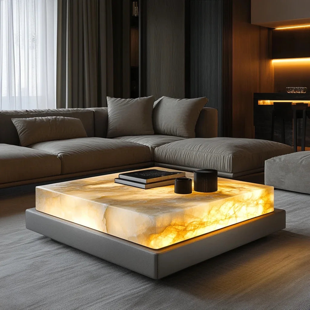 Modern living room with a sectional sofa and a illuminated coffee table.