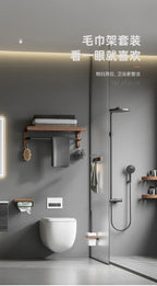 Modern bathroom with gray walls, white toilet, and wooden shelves.