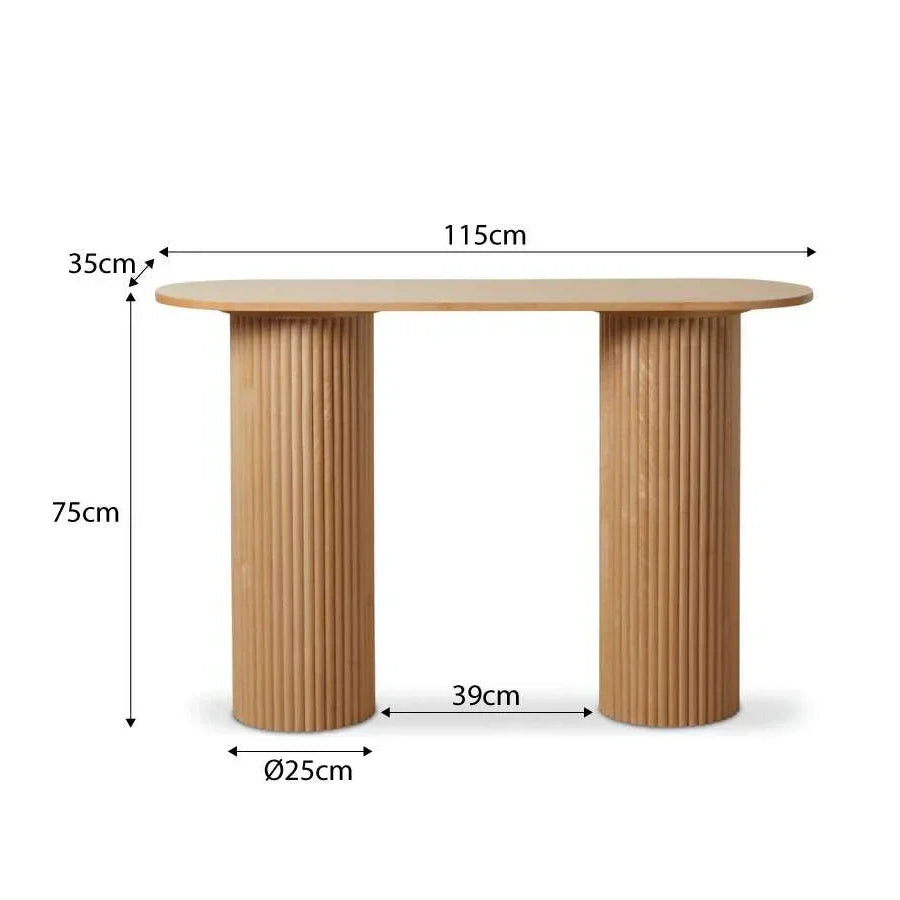 Wooden table with dimensions labeled on a white background