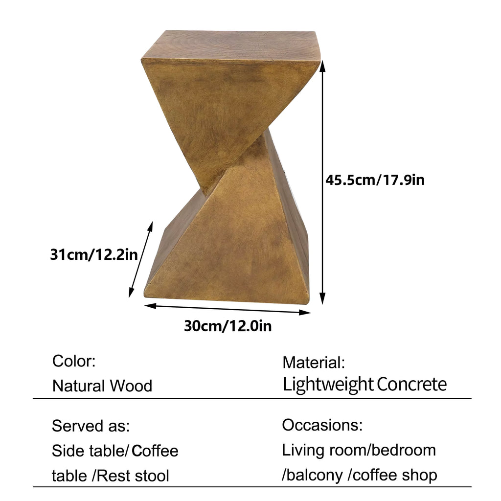 A natural wood and lightweight concrete spiral hourglass-shaped side table with dimension annotations showing 45.5cm height, 31cm width, and 30cm depth, plus a specification table below on a white background.