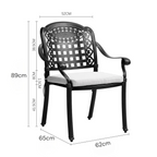 Black metal chair with white cushion and dimensions on a white background