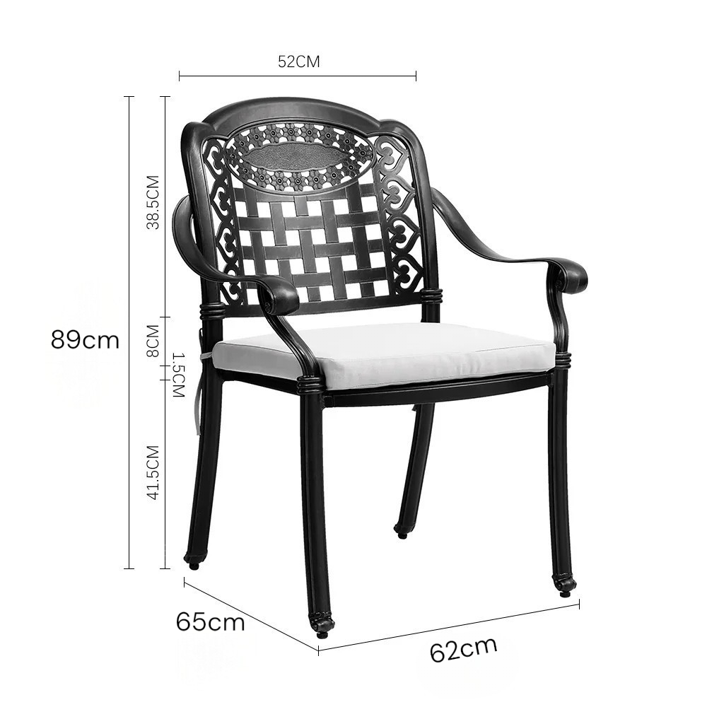Black metal chair with white cushion and dimensions on a white background