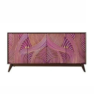 Decorative cabinet with a purple and gold abstract pattern on a white background