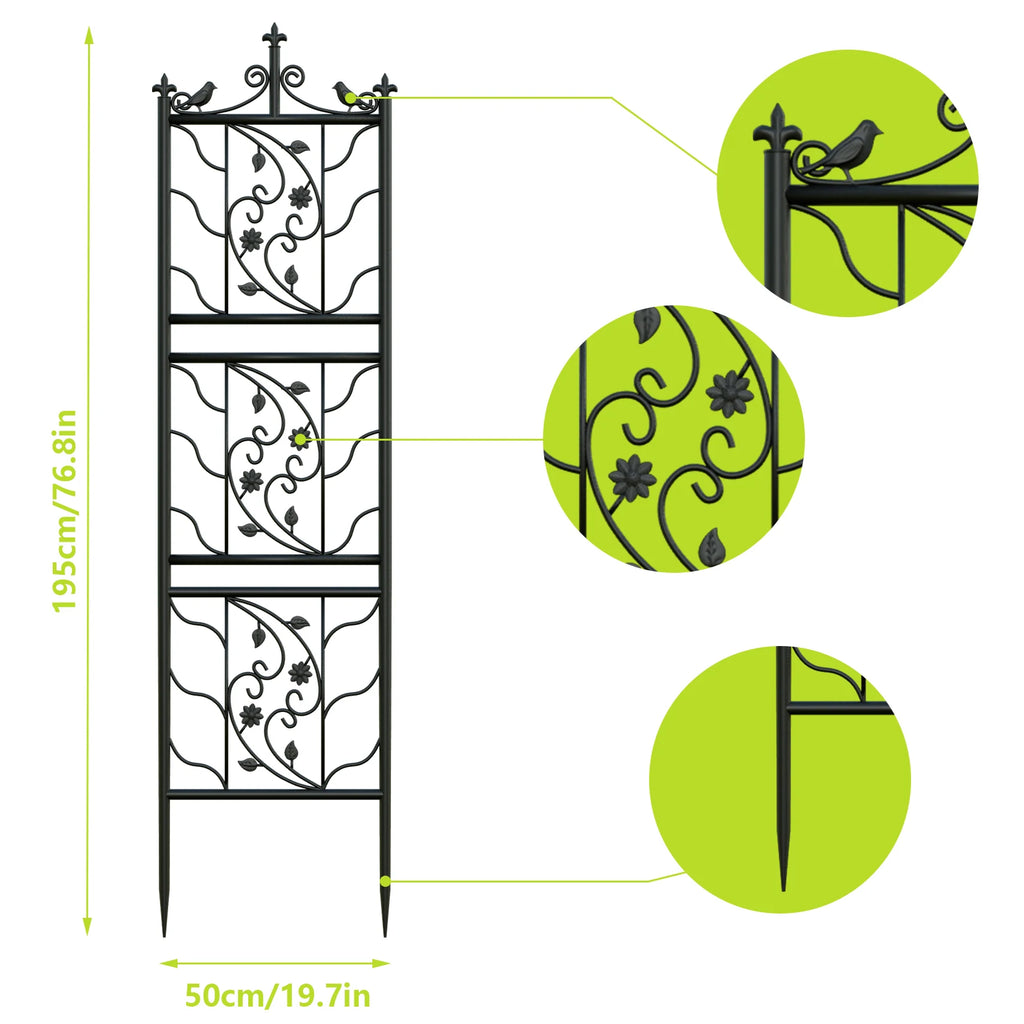 Decorative metal garden trellis with intricate designs, shown with measurements and close-up details on a white background.