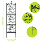 Decorative metal garden trellis with intricate designs, shown with measurements and close-up details on a white background.