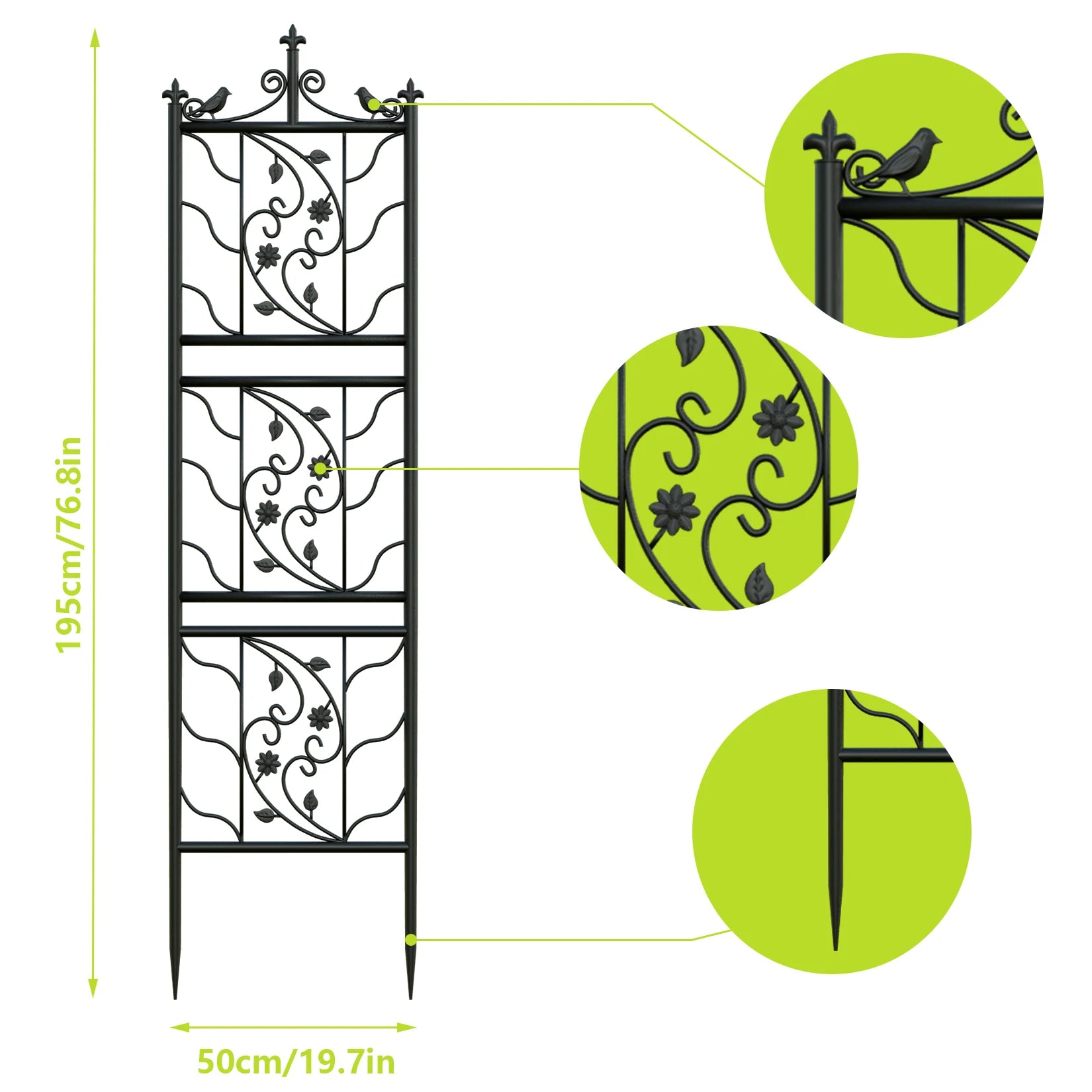 Decorative metal garden trellis with intricate designs, shown with measurements and close-up details on a white background.