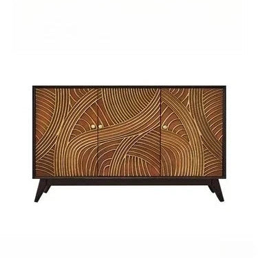 Wooden cabinet with a decorative pattern on a white background