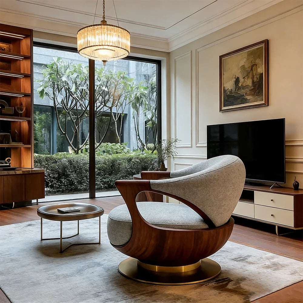 Modern living room with a stylish armchair, coffee table, and television.