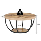 Wooden coffee table with measurements and weight indicator on a white background