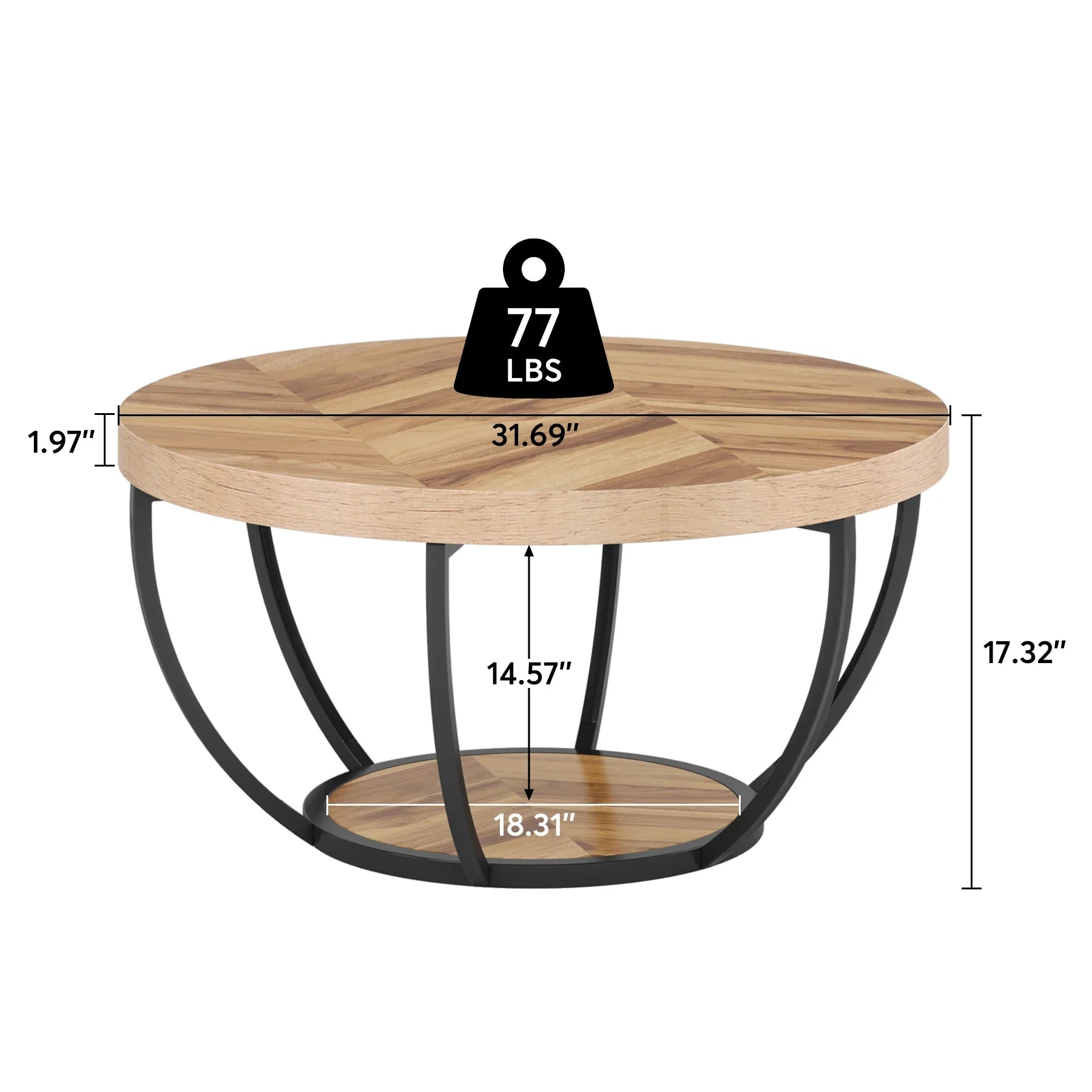Wooden coffee table with measurements and weight indicator on a white background