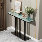 Console table with decorative items in a modern interior setting
