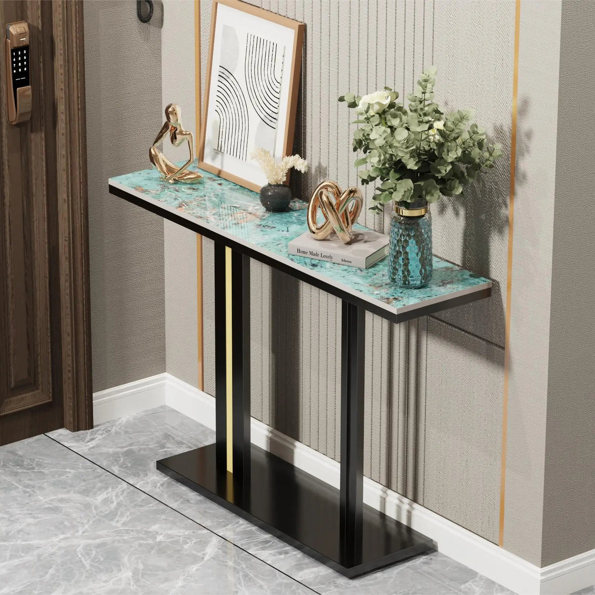 Console table with decorative items in a modern interior setting