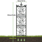 Decorative metal garden trellis with dimensions on a white background